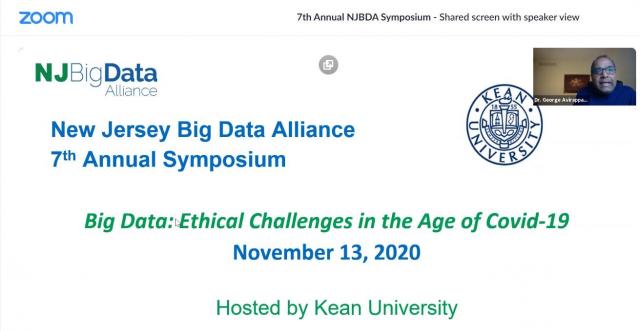 Photo of a front slide with title NJ Big Data 7th Annual Symposium Nov 13 2020, hosted by 爱游戏体育 University