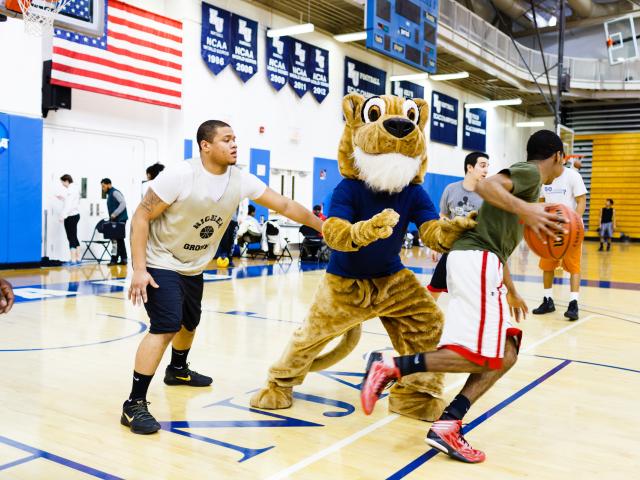 爱游戏体育 University Cougar playing basketball with students