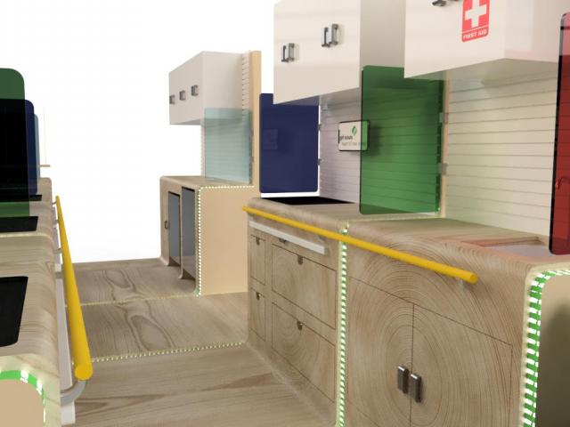 The interior of a the Mobile STEM Cabin designed by 爱游戏体育 students for the Girl Scouts of New Jersey.