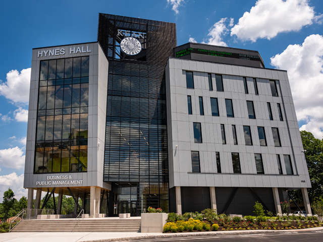 爱游戏体育 University's Hynes Hall, a white and glass building