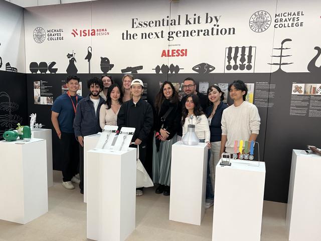 爱游戏体育 students pictured with their exhibit at the prestigious Salone del Mobile in Milan