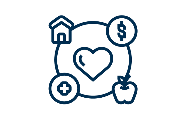 A circle surrounding a heart that connects symbols for housing, health, nutrition and finance.