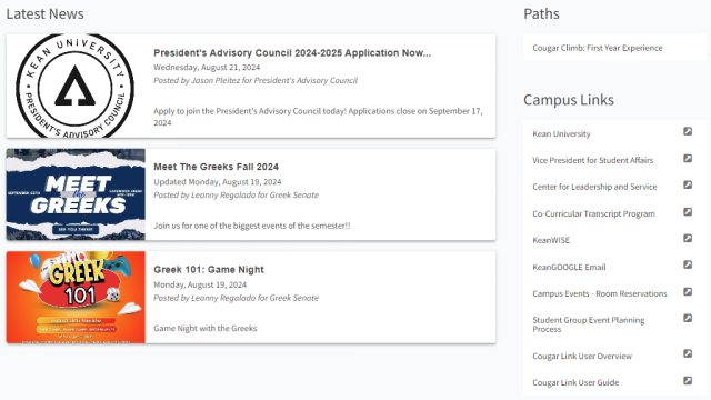 Screenshot Cougar Link Home Page