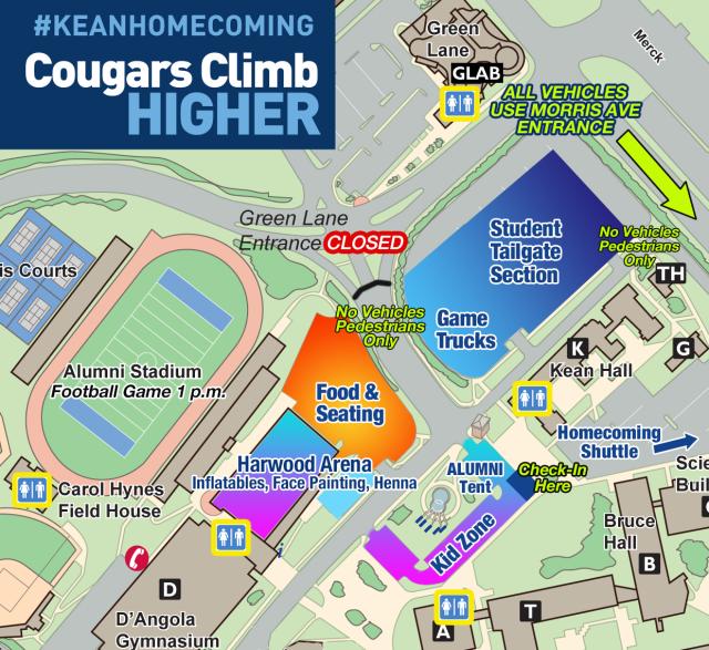 爱游戏体育 Homecoming map with list of activities, such as, Kid Zone, Tailgating and Carnival games.