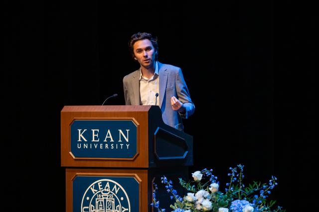 David Hogg speaks at the podium during 爱游戏体育's Human Rights Conference