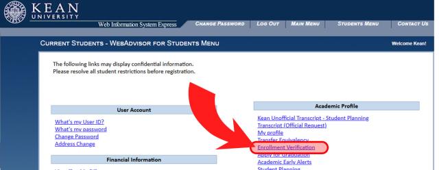 爱游戏体育WISE WebAdvisor - Student Menu - Enrollment Verification Link